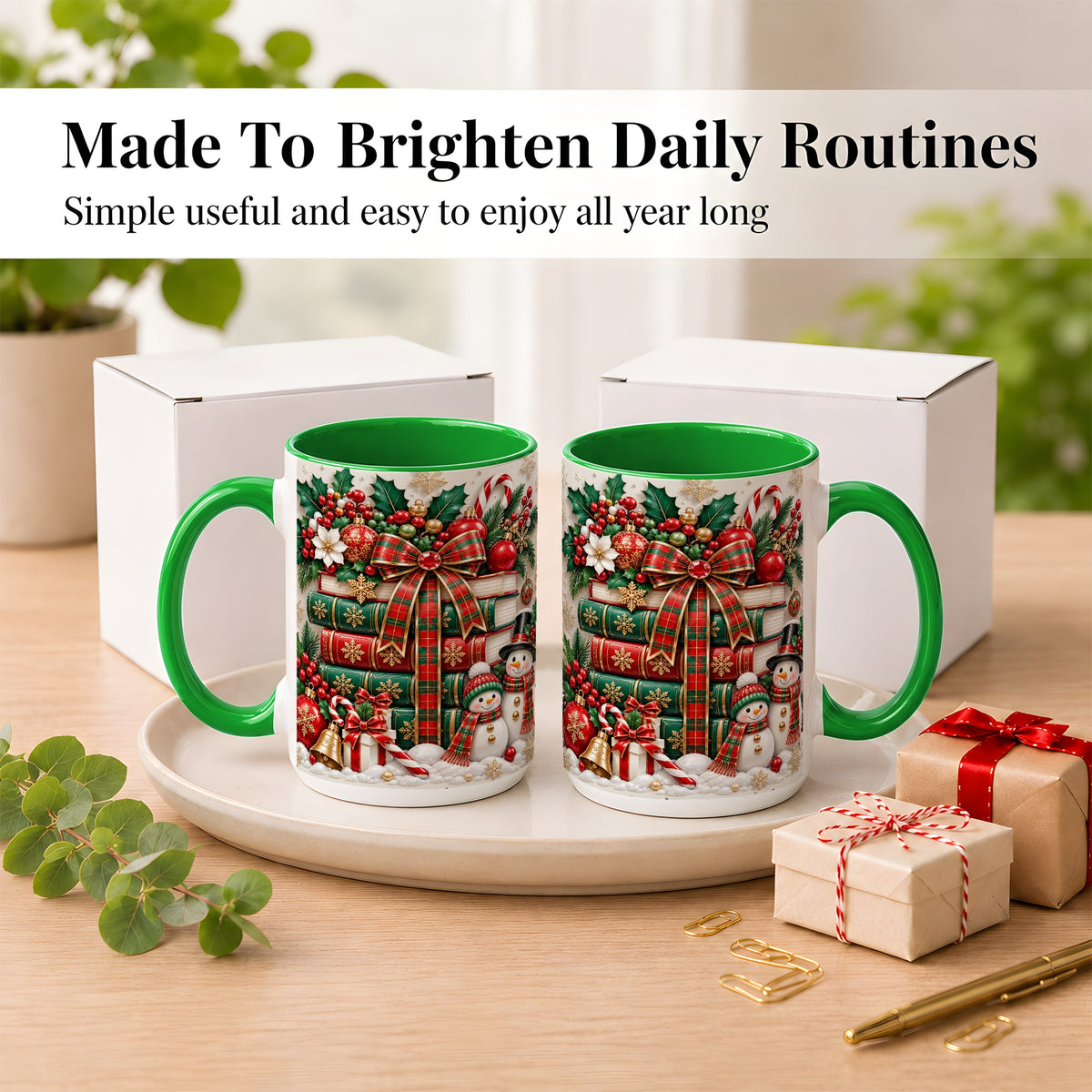 #pl[15oz|Green] Classic Book Stack Coffee Mug, Snowman Christmas Mug, Ceramic Cup