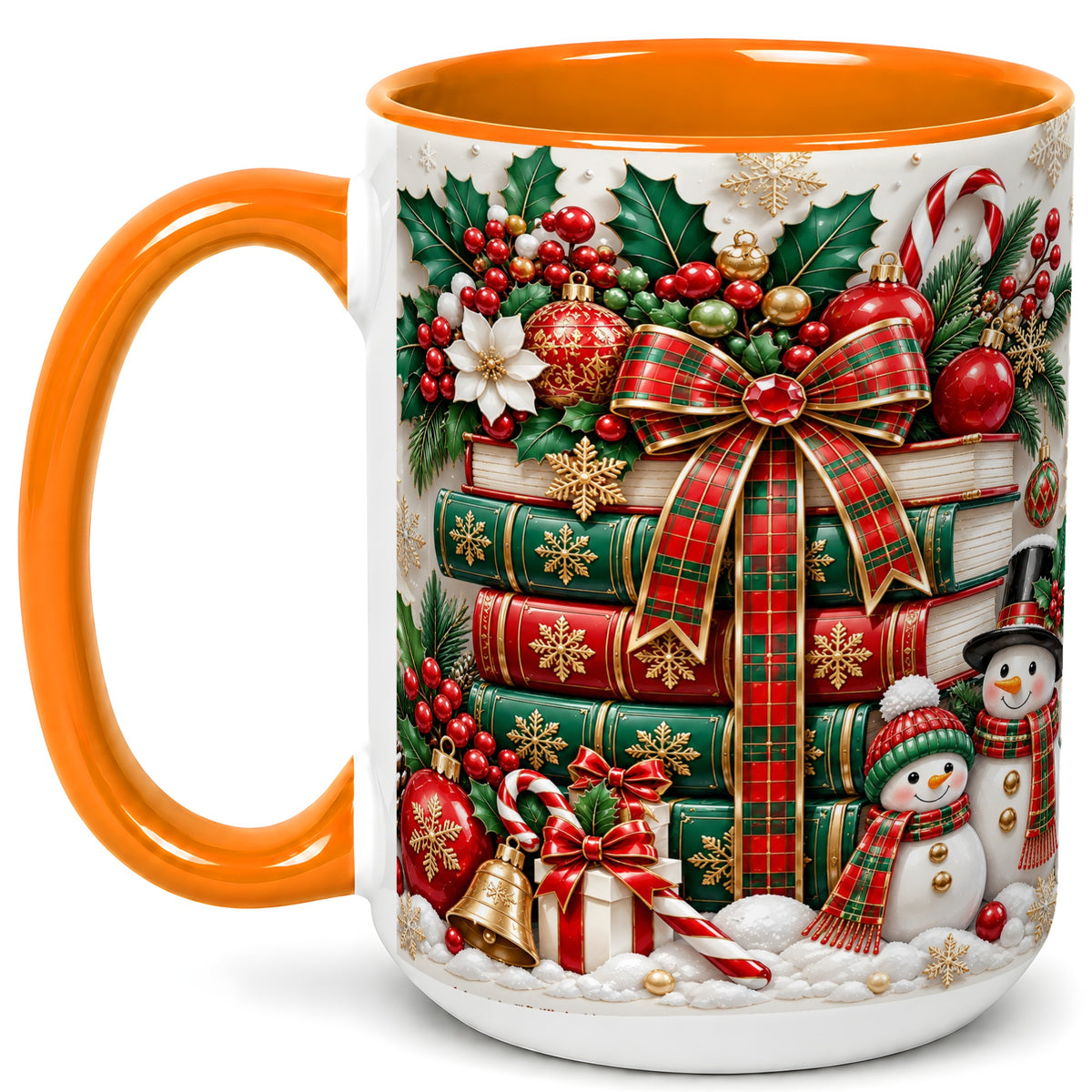 #pl[15oz|Orange] Classic Book Stack Coffee Mug, Snowman Christmas Mug, Ceramic Cup