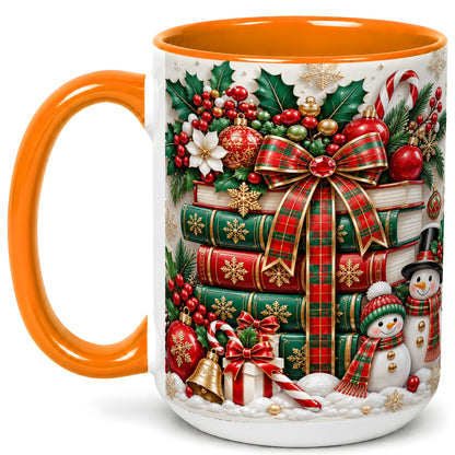 #pl[15oz|Orange] Classic Book Stack Coffee Mug, Snowman Christmas Mug, Ceramic Cup