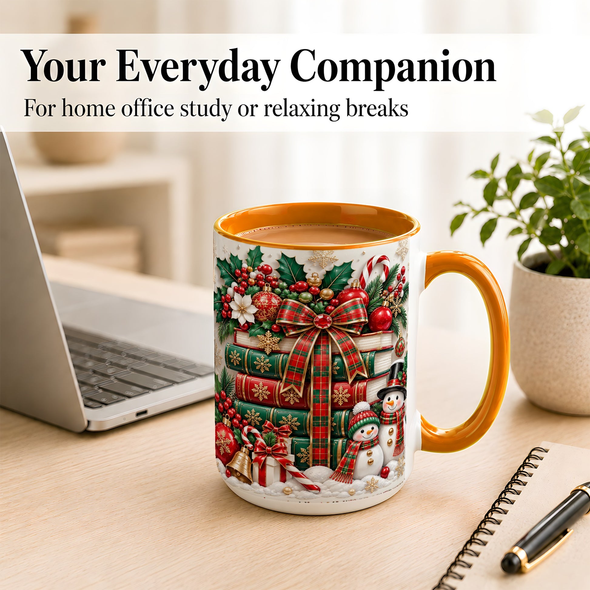#pl[15oz|Orange] Classic Book Stack Coffee Mug, Snowman Christmas Mug, Ceramic Cup
