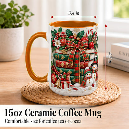 #pl[15oz|Orange] Classic Book Stack Coffee Mug, Snowman Christmas Mug, Ceramic Cup