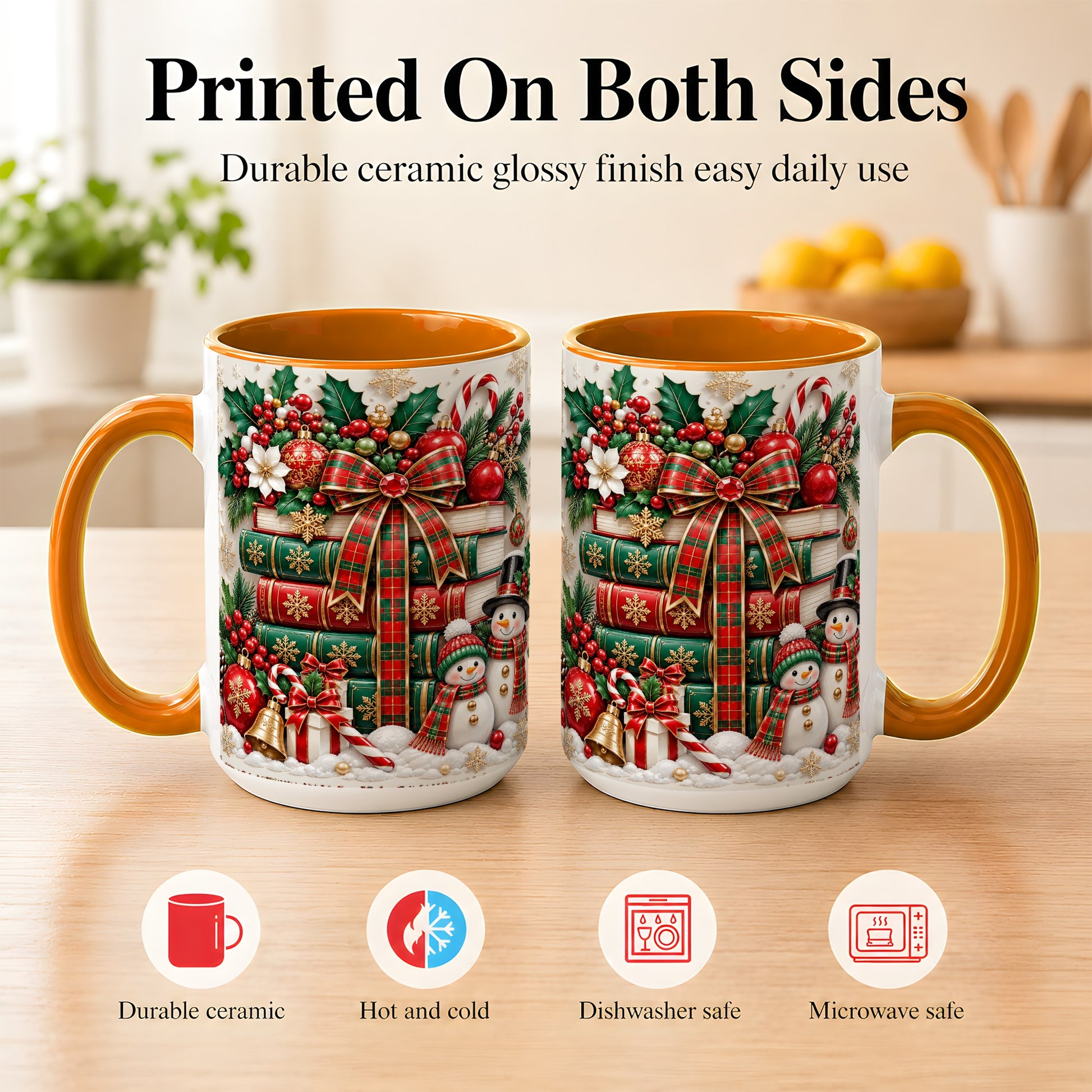 #pl[15oz|Orange] Classic Book Stack Coffee Mug, Snowman Christmas Mug, Ceramic Cup