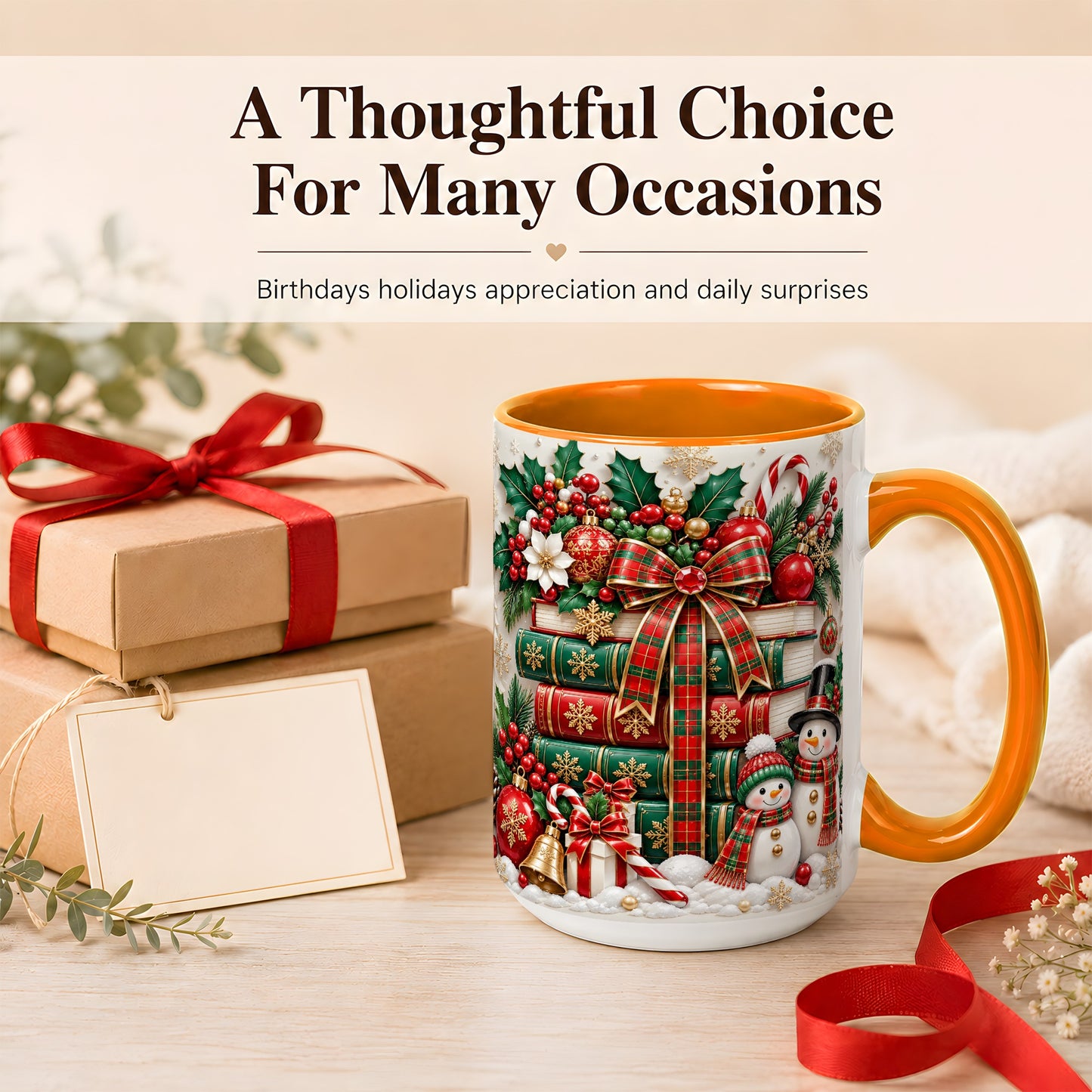 #pl[15oz|Orange] Classic Book Stack Coffee Mug, Snowman Christmas Mug, Ceramic Cup