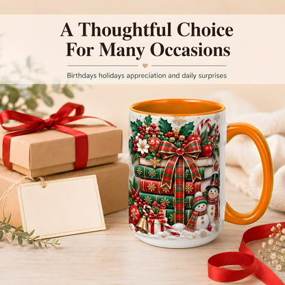 #pl[15oz|Orange] Classic Book Stack Coffee Mug, Snowman Christmas Mug, Ceramic Cup