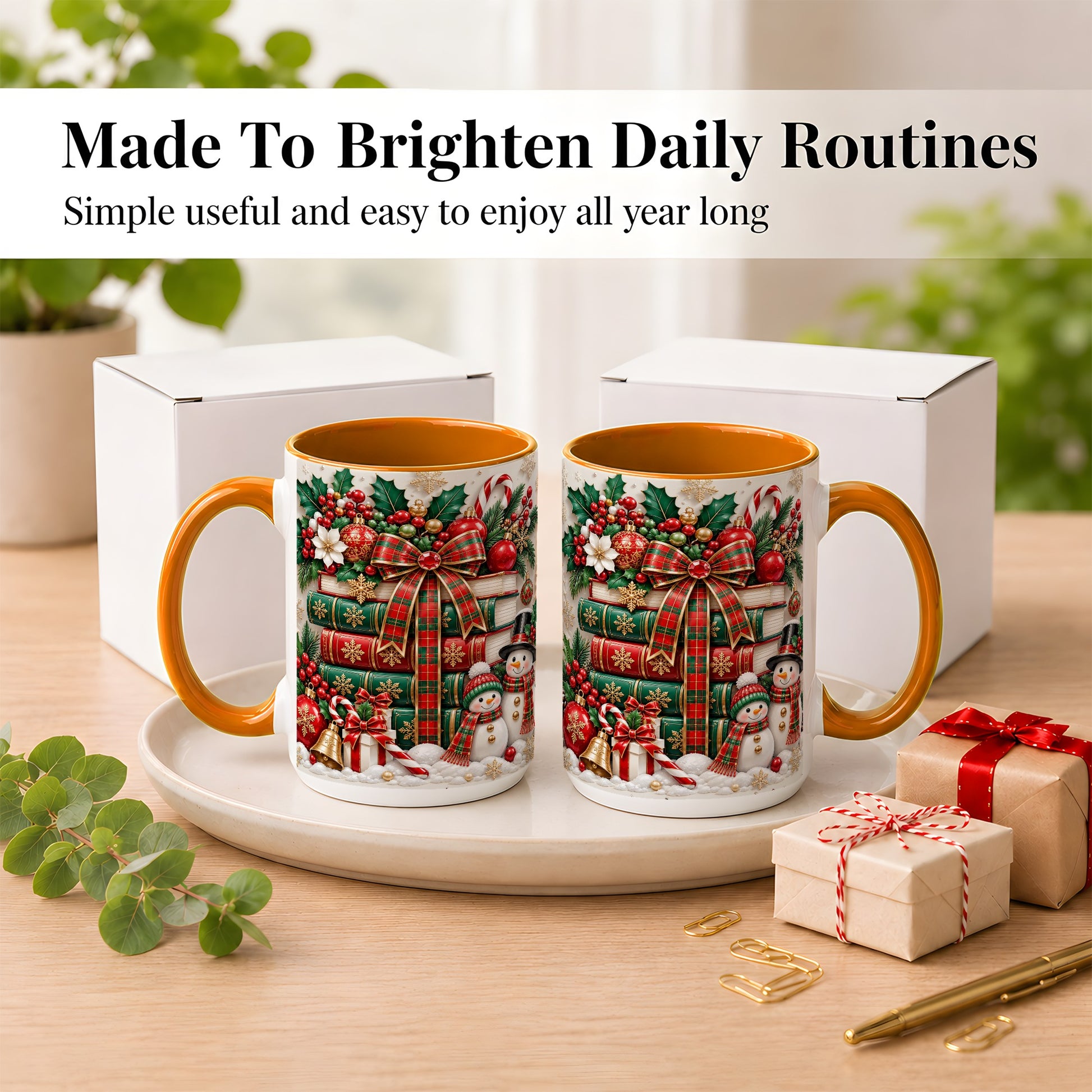 #pl[15oz|Orange] Classic Book Stack Coffee Mug, Snowman Christmas Mug, Ceramic Cup