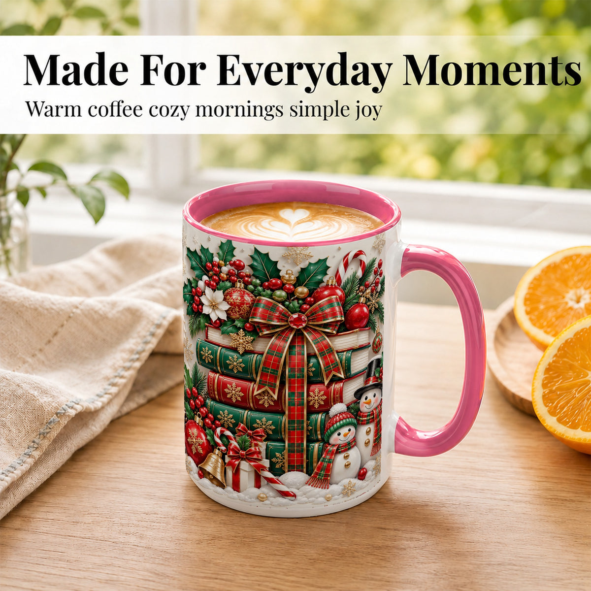 #pl[15oz|Pink] Classic Book Stack Coffee Mug, Snowman Christmas Mug, Ceramic Cup