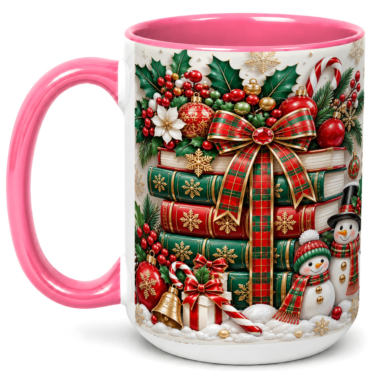 #pl[15oz|Pink] Classic Book Stack Coffee Mug, Snowman Christmas Mug, Ceramic Cup