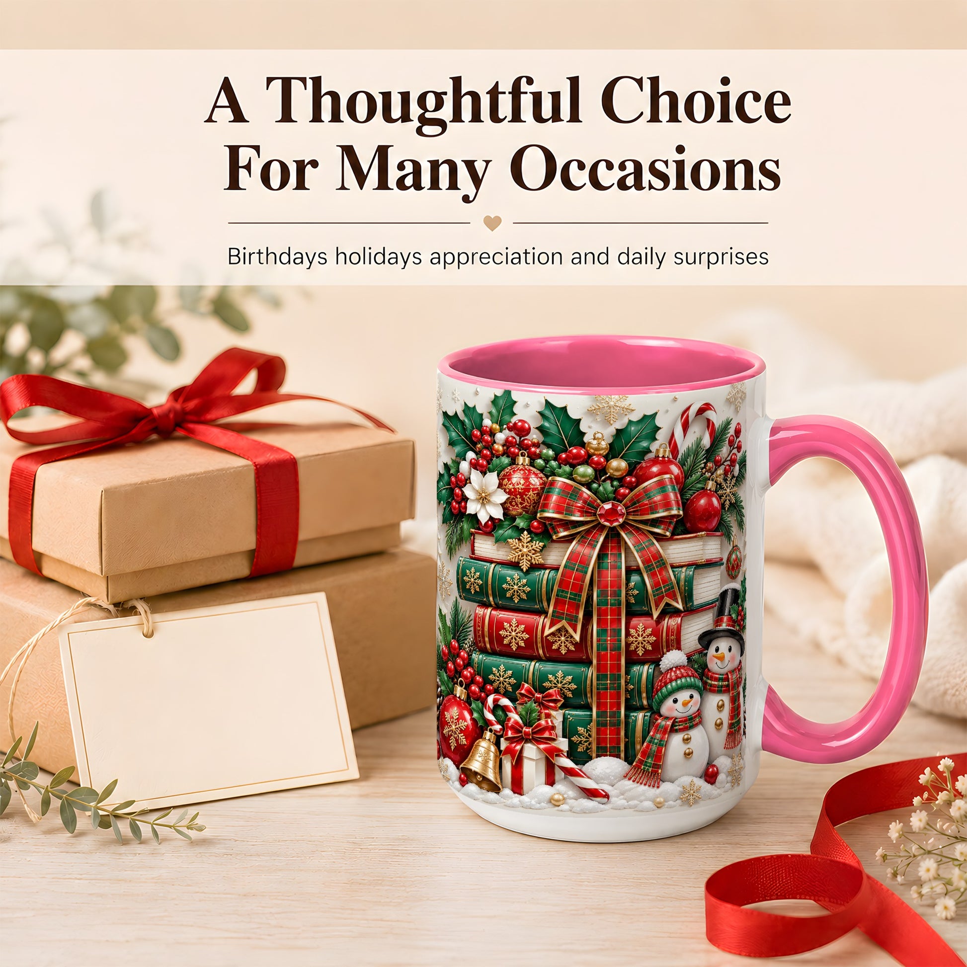 #pl[15oz|Pink] Classic Book Stack Coffee Mug, Snowman Christmas Mug, Ceramic Cup
