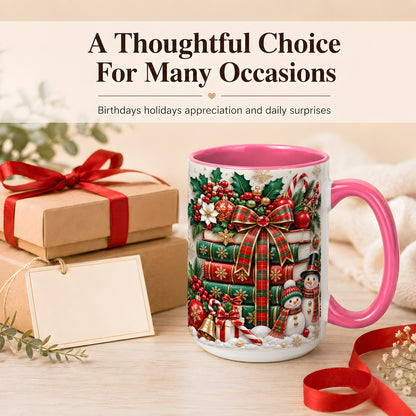 #pl[15oz|Pink] Classic Book Stack Coffee Mug, Snowman Christmas Mug, Ceramic Cup