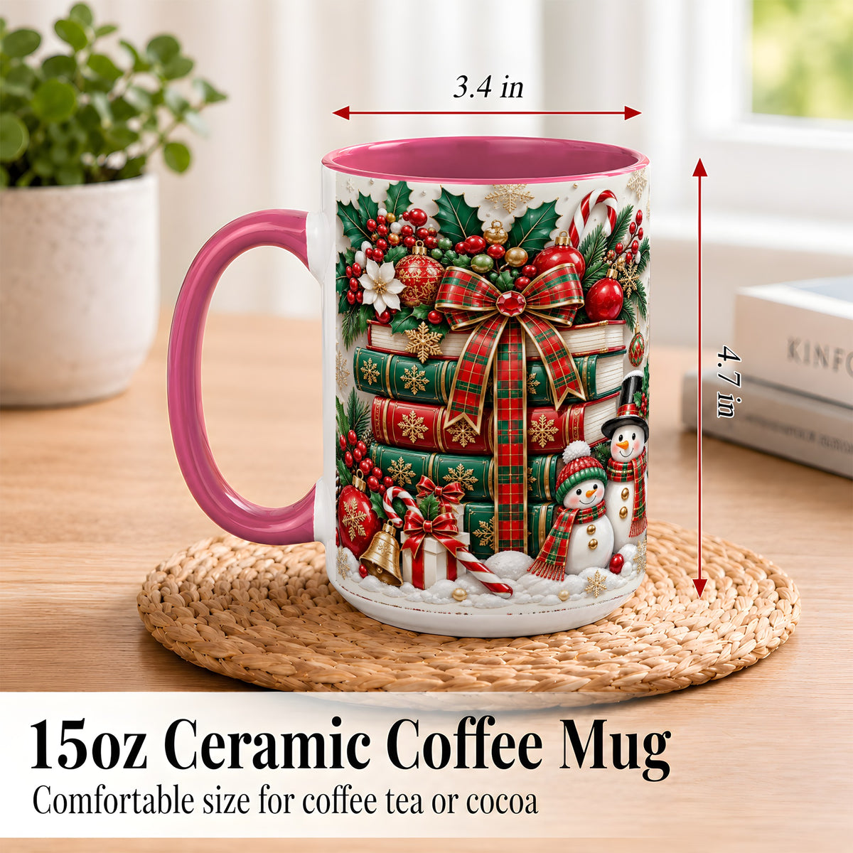 #pl[15oz|Pink] Classic Book Stack Coffee Mug, Snowman Christmas Mug, Ceramic Cup
