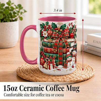 #pl[15oz|Pink] Classic Book Stack Coffee Mug, Snowman Christmas Mug, Ceramic Cup
