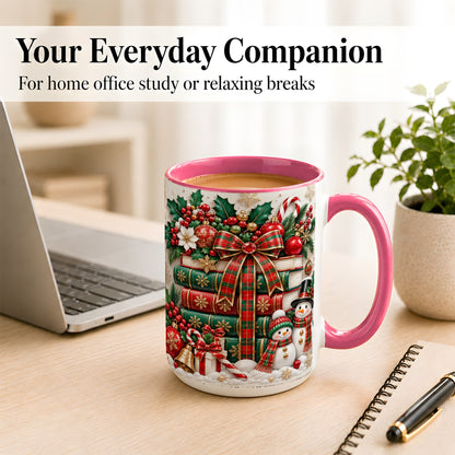 #pl[15oz|Pink] Classic Book Stack Coffee Mug, Snowman Christmas Mug, Ceramic Cup