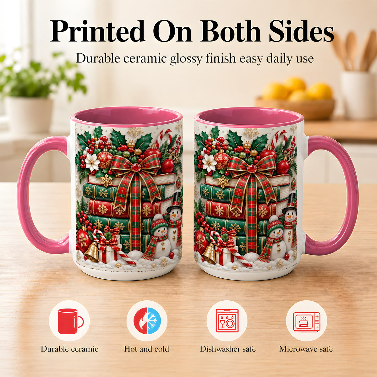 #pl[15oz|Pink] Classic Book Stack Coffee Mug, Snowman Christmas Mug, Ceramic Cup
