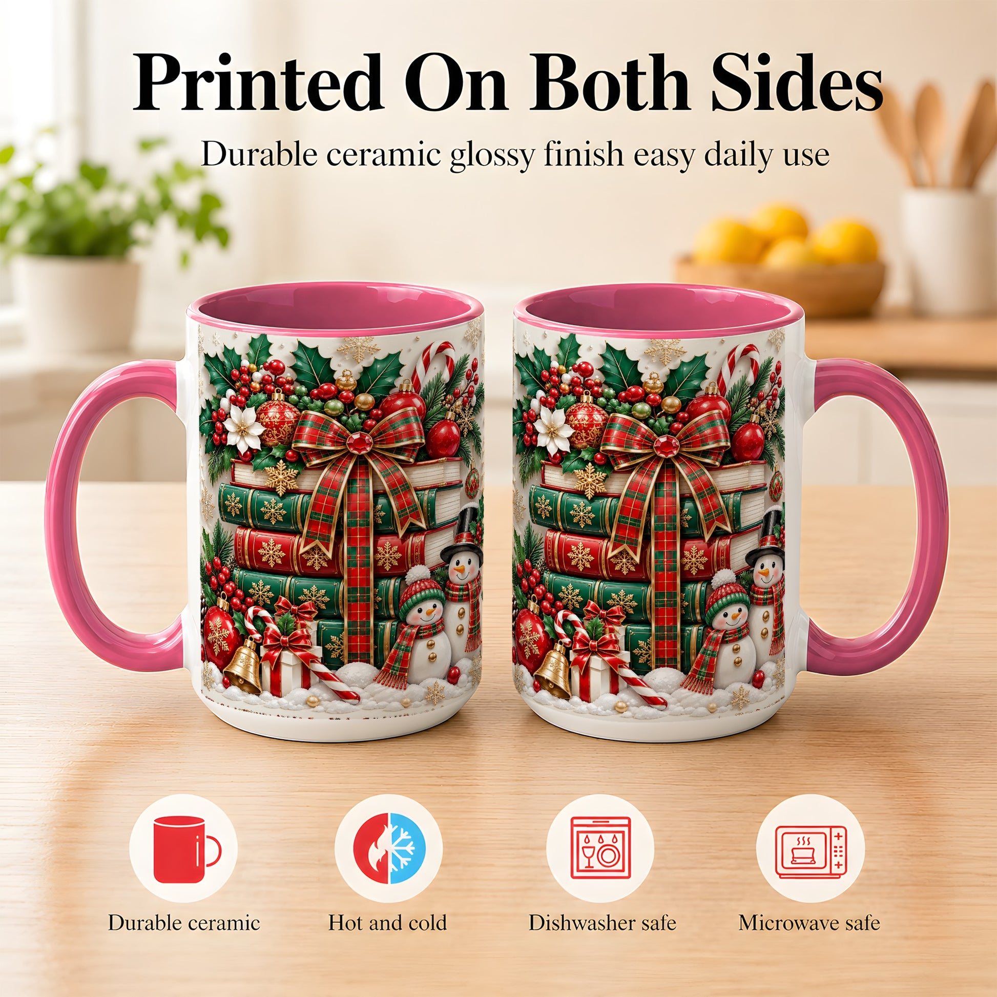 #pl[15oz|Pink] Classic Book Stack Coffee Mug, Snowman Christmas Mug, Ceramic Cup