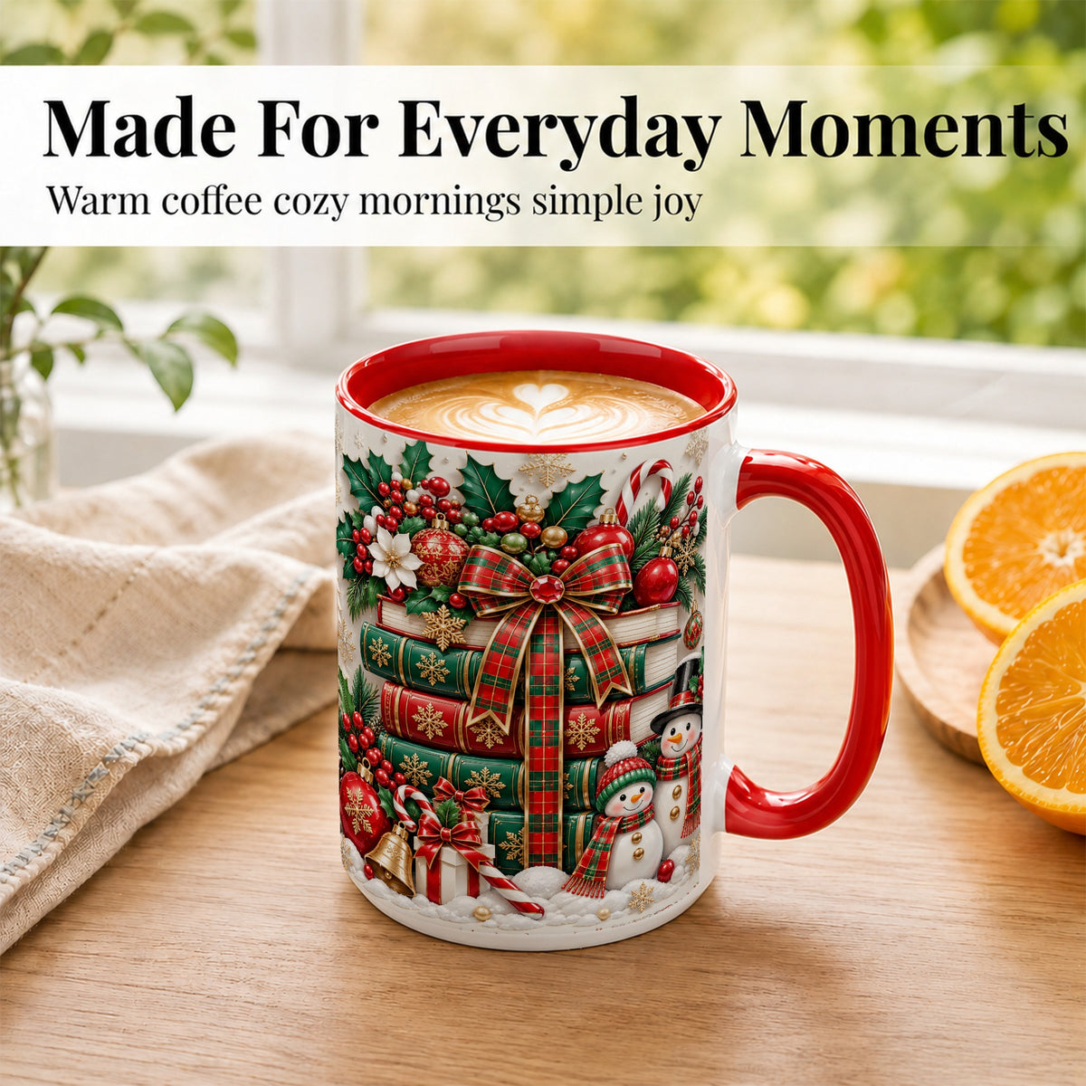 #pl[15oz|Red] Classic Book Stack Coffee Mug, Snowman Christmas Mug, Ceramic Cup
