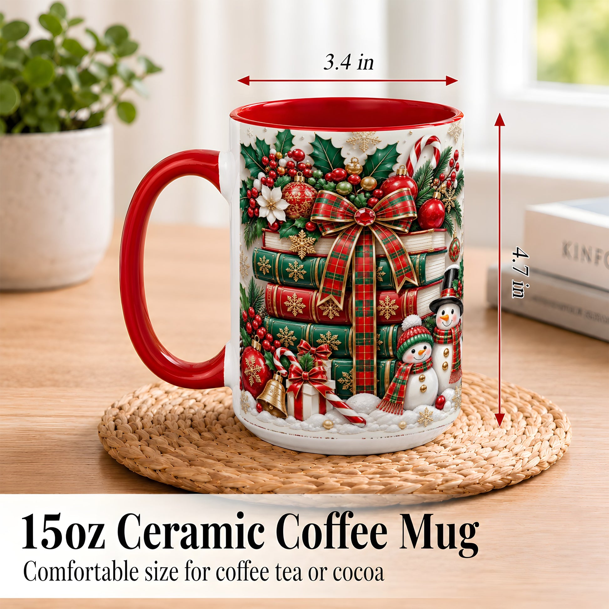 #pl[15oz|Red] Classic Book Stack Coffee Mug, Snowman Christmas Mug, Ceramic Cup