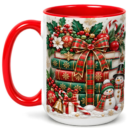 #pl[15oz|Red] Classic Book Stack Coffee Mug, Snowman Christmas Mug, Ceramic Cup