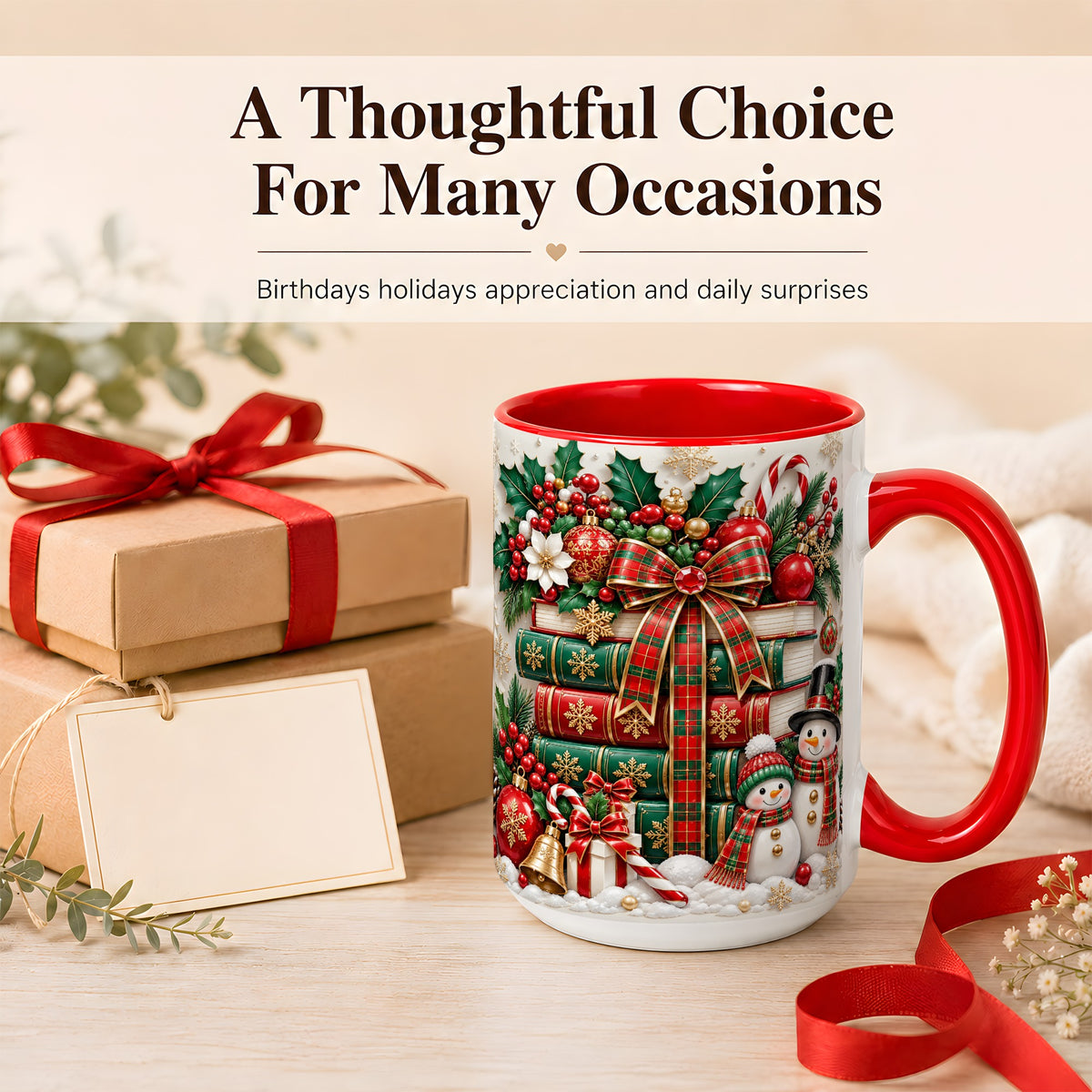 #pl[15oz|Red] Classic Book Stack Coffee Mug, Snowman Christmas Mug, Ceramic Cup