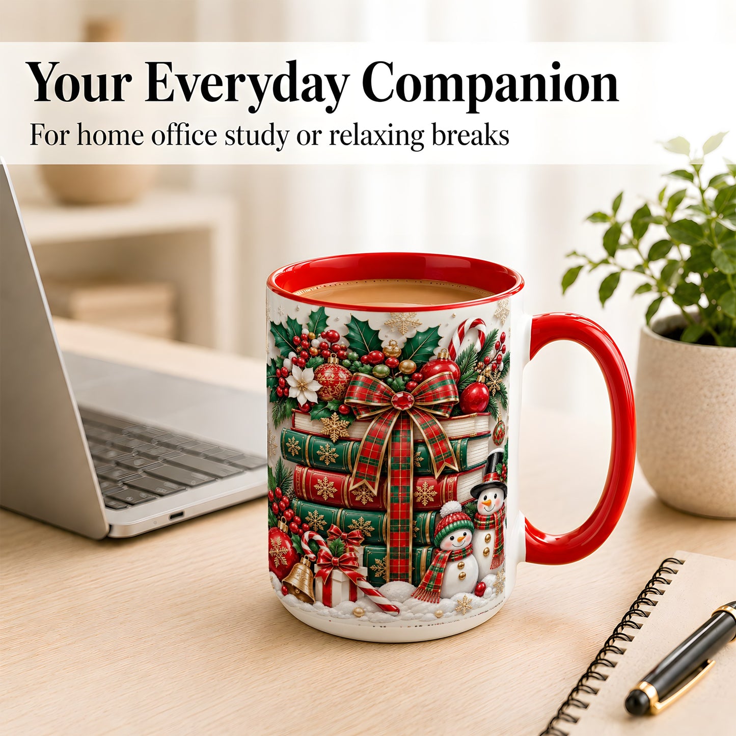#pl[15oz|Red] Classic Book Stack Coffee Mug, Snowman Christmas Mug, Ceramic Cup