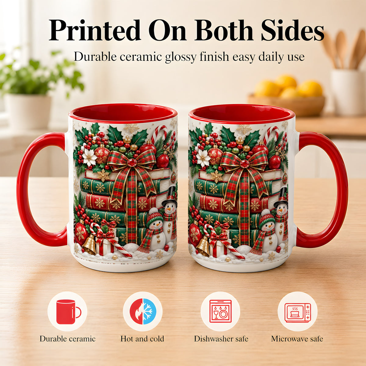 #pl[15oz|Red] Classic Book Stack Coffee Mug, Snowman Christmas Mug, Ceramic Cup