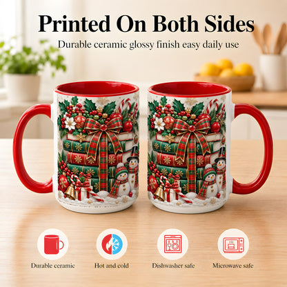 #pl[15oz|Red] Classic Book Stack Coffee Mug, Snowman Christmas Mug, Ceramic Cup