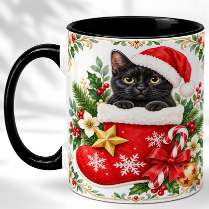 #pl[11oz|Black] Black Cat Christmas Stocking Coffee Mug, Holiday Cat Mug, Ceramic Cup