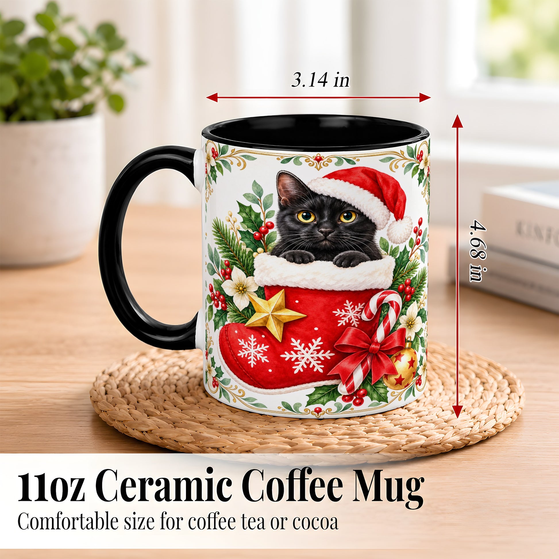 #pl[11oz|Black] Black Cat Christmas Stocking Coffee Mug, Holiday Cat Mug, Ceramic Cup