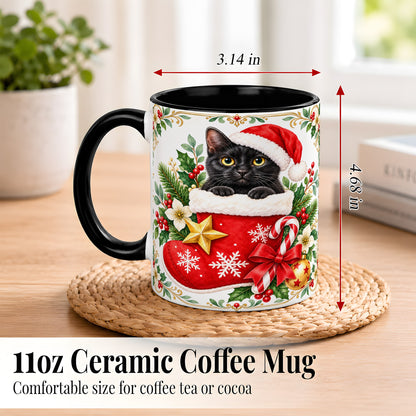 #pl[11oz|Black] Black Cat Christmas Stocking Coffee Mug, Holiday Cat Mug, Ceramic Cup
