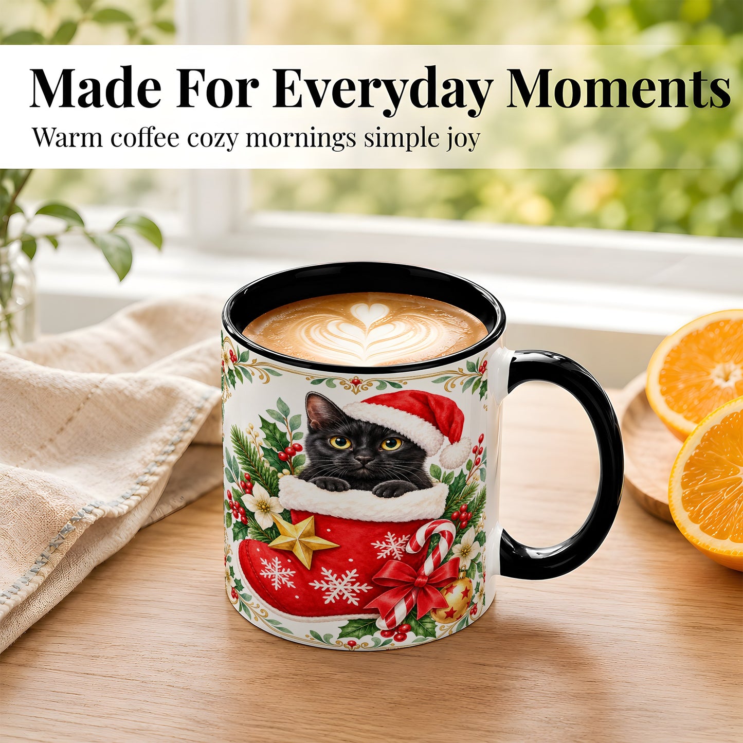 #pl[11oz|Black] Black Cat Christmas Stocking Coffee Mug, Holiday Cat Mug, Ceramic Cup