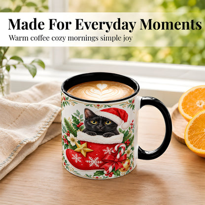 #pl[11oz|Black] Black Cat Christmas Stocking Coffee Mug, Holiday Cat Mug, Ceramic Cup