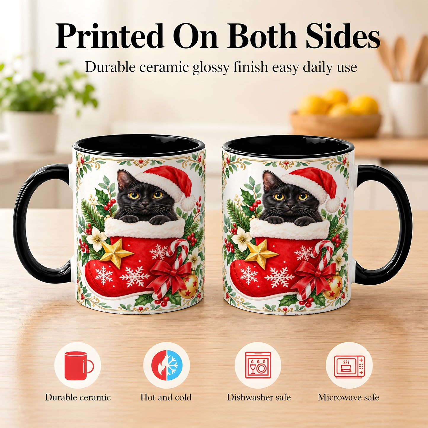 #pl[11oz|Black] Black Cat Christmas Stocking Coffee Mug, Holiday Cat Mug, Ceramic Cup