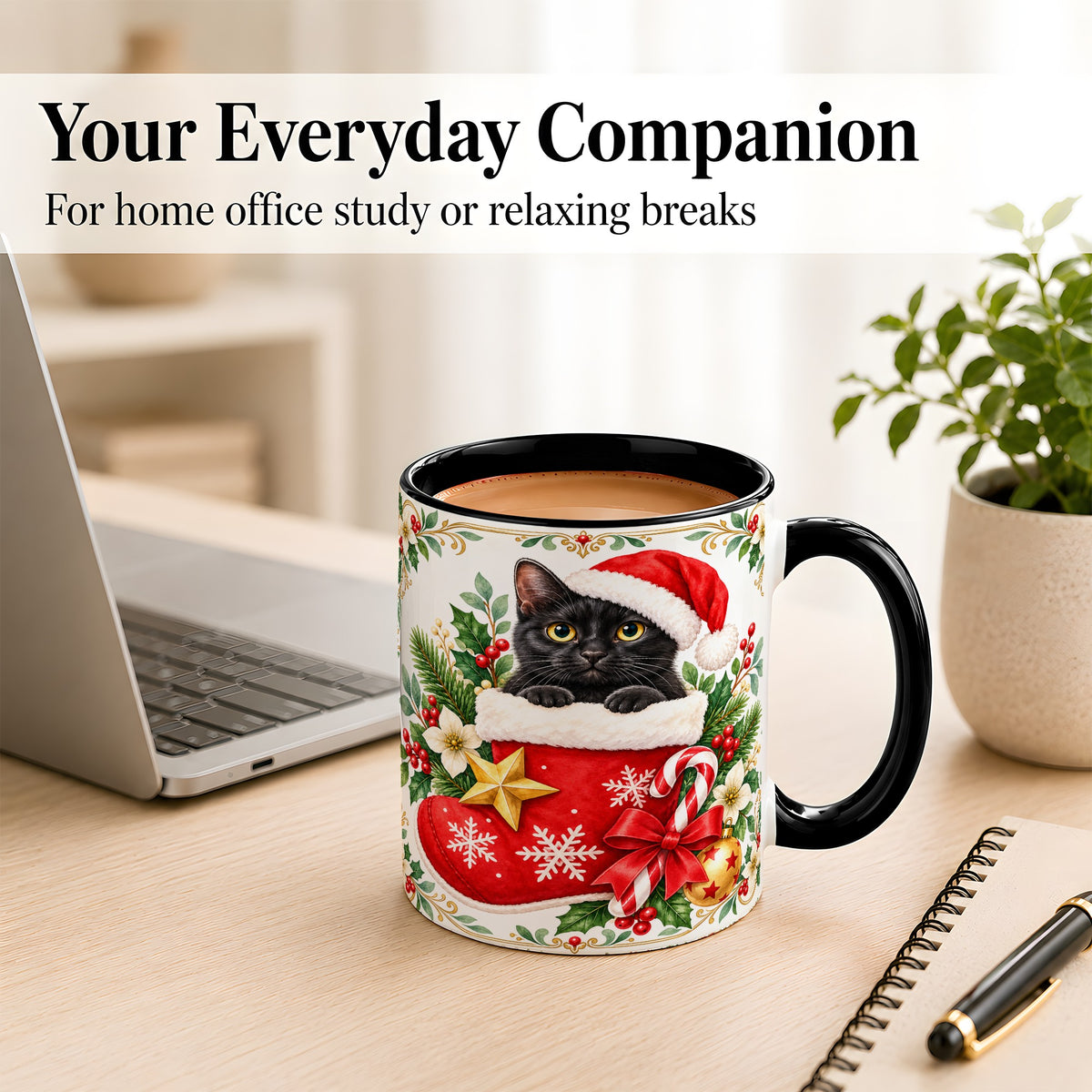 #pl[11oz|Black] Black Cat Christmas Stocking Coffee Mug, Holiday Cat Mug, Ceramic Cup