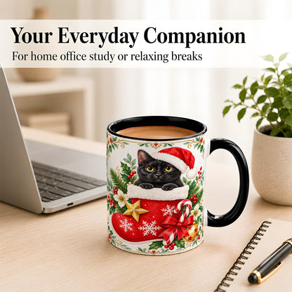 #pl[11oz|Black] Black Cat Christmas Stocking Coffee Mug, Holiday Cat Mug, Ceramic Cup
