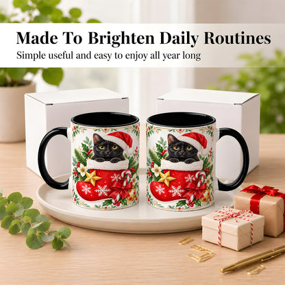 #pl[11oz|Black] Black Cat Christmas Stocking Coffee Mug, Holiday Cat Mug, Ceramic Cup