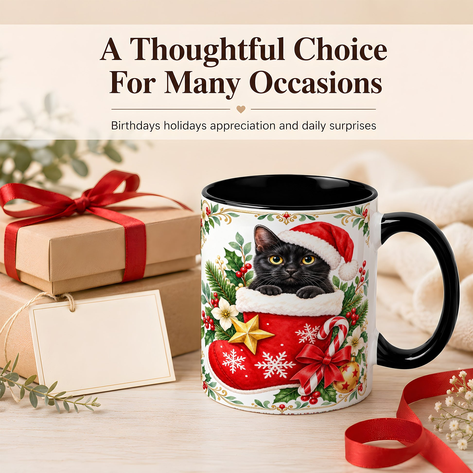 #pl[11oz|Black] Black Cat Christmas Stocking Coffee Mug, Holiday Cat Mug, Ceramic Cup