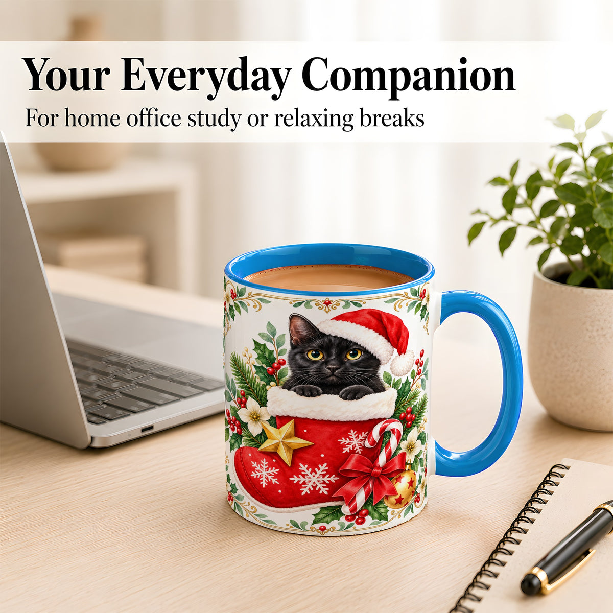 #pl[11oz|Blue] Black Cat Christmas Stocking Coffee Mug, Holiday Cat Mug, Ceramic Cup