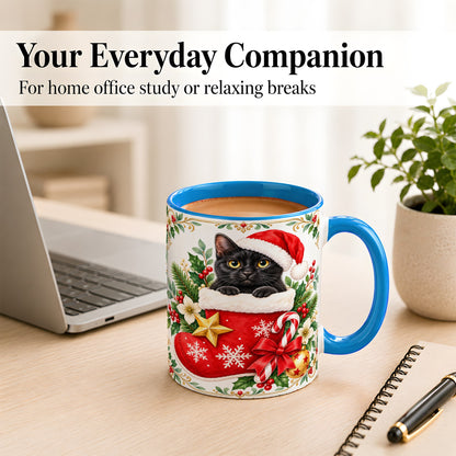 #pl[11oz|Blue] Black Cat Christmas Stocking Coffee Mug, Holiday Cat Mug, Ceramic Cup