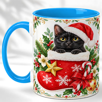 #pl[11oz|Blue] Black Cat Christmas Stocking Coffee Mug, Holiday Cat Mug, Ceramic Cup