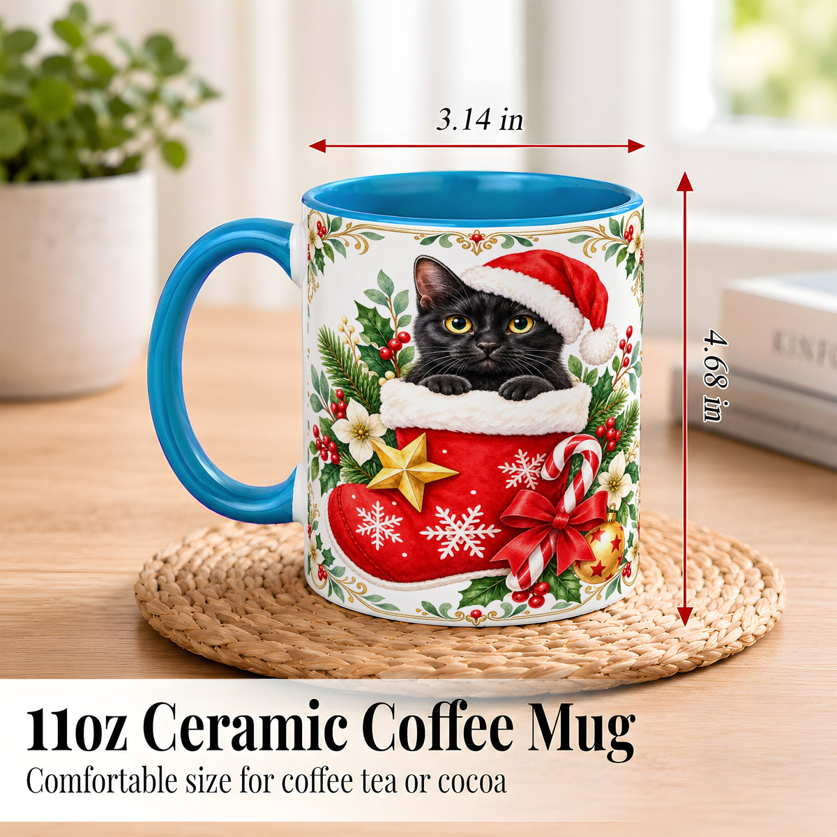 #pl[11oz|Blue] Black Cat Christmas Stocking Coffee Mug, Holiday Cat Mug, Ceramic Cup