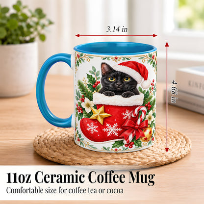 #pl[11oz|Blue] Black Cat Christmas Stocking Coffee Mug, Holiday Cat Mug, Ceramic Cup