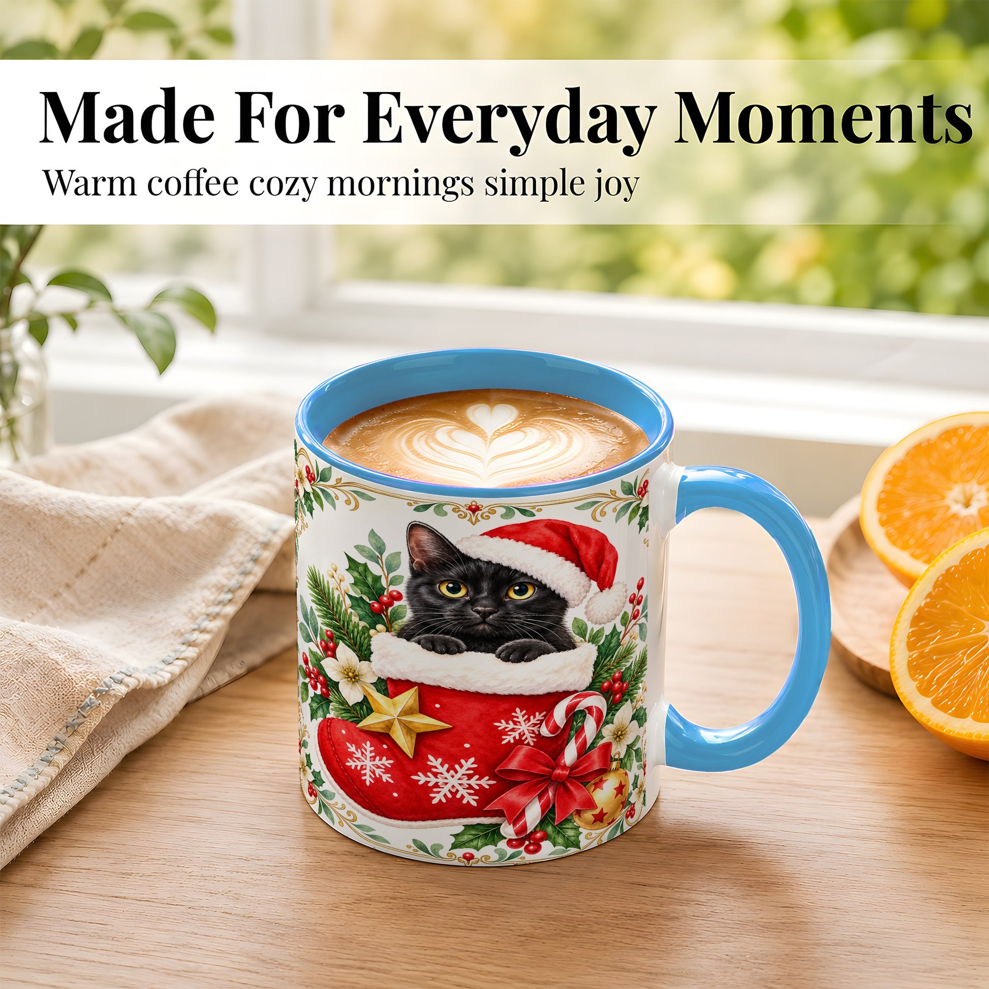 #pl[11oz|Blue] Black Cat Christmas Stocking Coffee Mug, Holiday Cat Mug, Ceramic Cup