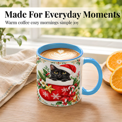 #pl[11oz|Blue] Black Cat Christmas Stocking Coffee Mug, Holiday Cat Mug, Ceramic Cup