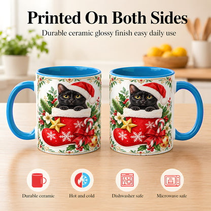 #pl[11oz|Blue] Black Cat Christmas Stocking Coffee Mug, Holiday Cat Mug, Ceramic Cup