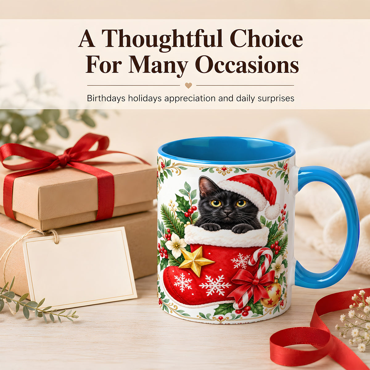 #pl[11oz|Blue] Black Cat Christmas Stocking Coffee Mug, Holiday Cat Mug, Ceramic Cup