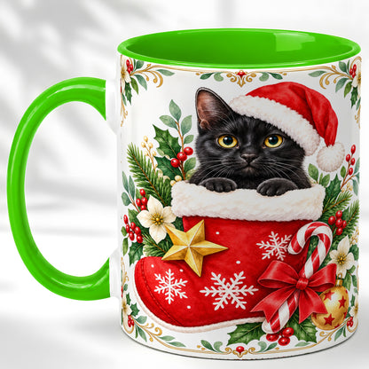 #pl[11oz|Green] Black Cat Christmas Stocking Coffee Mug, Holiday Cat Mug, Ceramic Cup