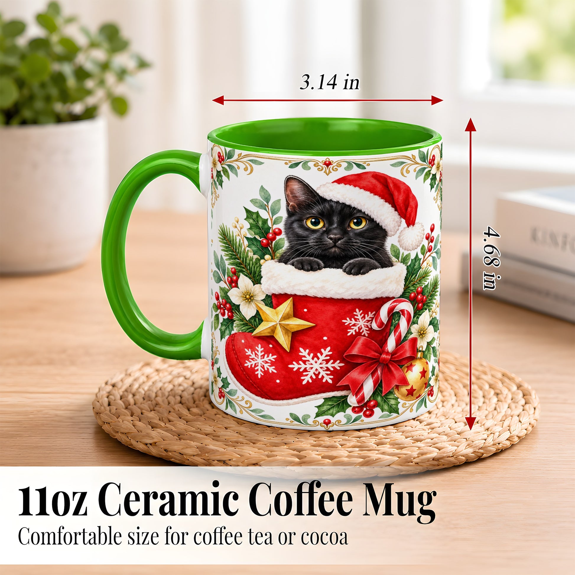 #pl[11oz|Green] Black Cat Christmas Stocking Coffee Mug, Holiday Cat Mug, Ceramic Cup