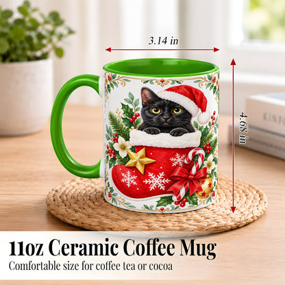 #pl[11oz|Green] Black Cat Christmas Stocking Coffee Mug, Holiday Cat Mug, Ceramic Cup