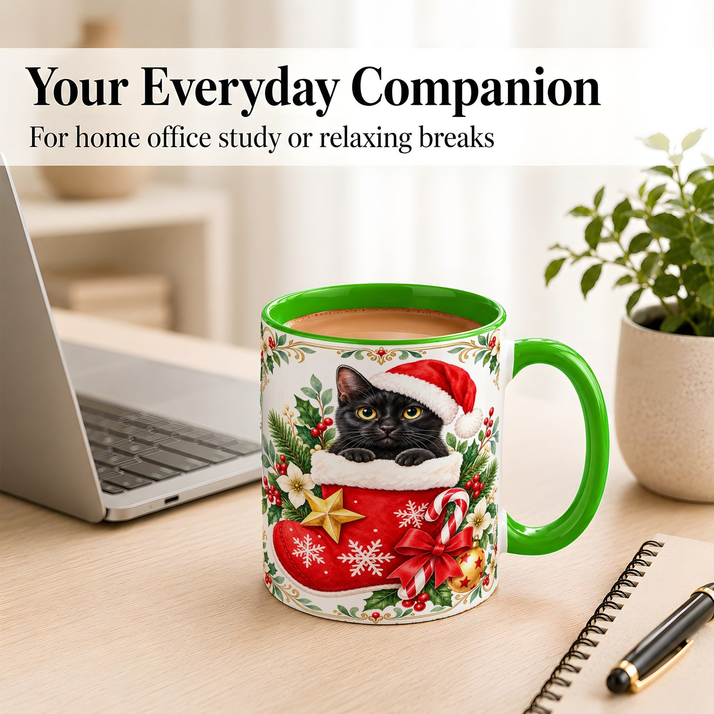 #pl[11oz|Green] Black Cat Christmas Stocking Coffee Mug, Holiday Cat Mug, Ceramic Cup