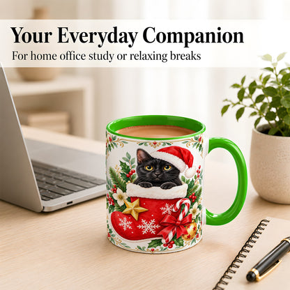 #pl[11oz|Green] Black Cat Christmas Stocking Coffee Mug, Holiday Cat Mug, Ceramic Cup