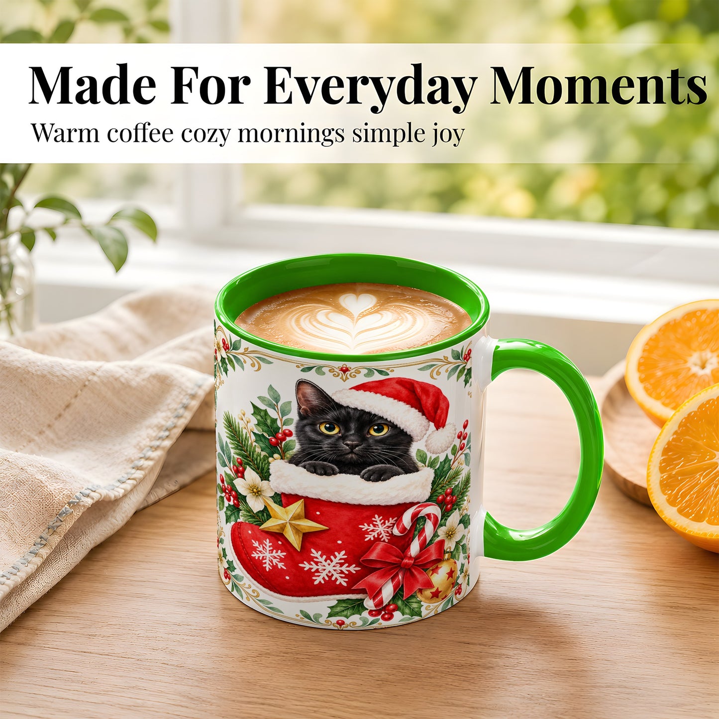 #pl[11oz|Green] Black Cat Christmas Stocking Coffee Mug, Holiday Cat Mug, Ceramic Cup